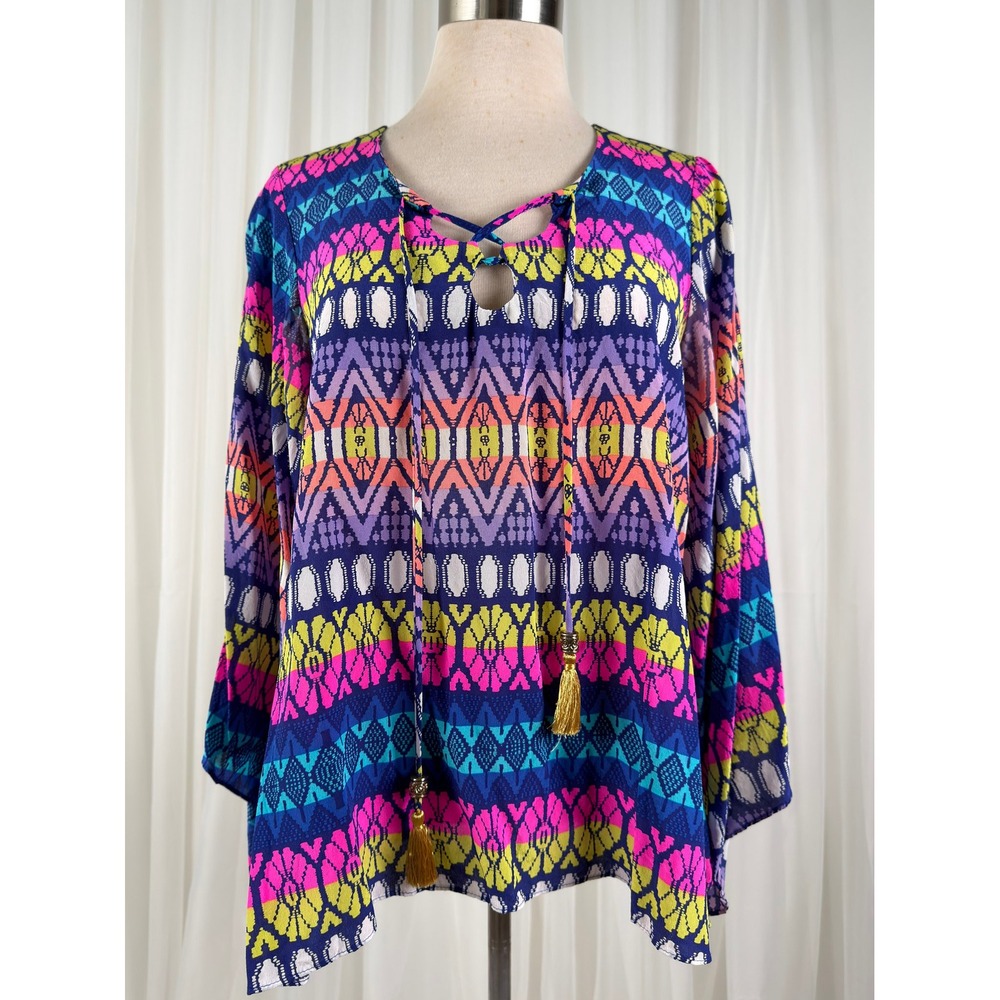 Alice & Trixie Geometric Print Bell Sleeve Boho Blouse‎ Womens Silk Size M - Picture 6 of 9